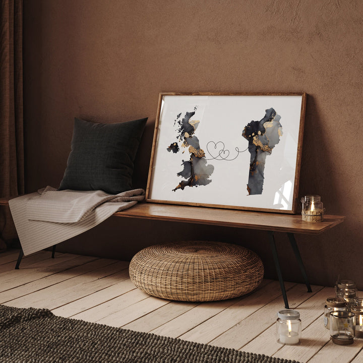 Britain and Benin Map Black & Gold Travel Wall Art Print | United Kingdom | UK