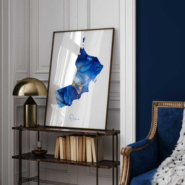 Oman Map Blue and Gold Wall Art Print