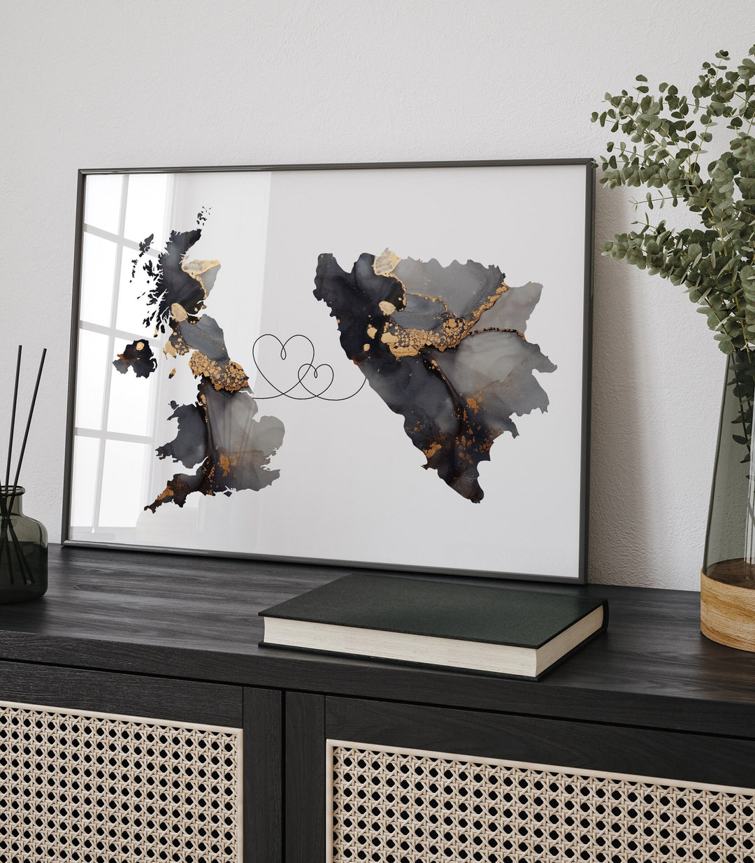 Britain and Bosnia and Herzegovina Map Black & Gold Travel Wall Art Print | United Kingdom | UK