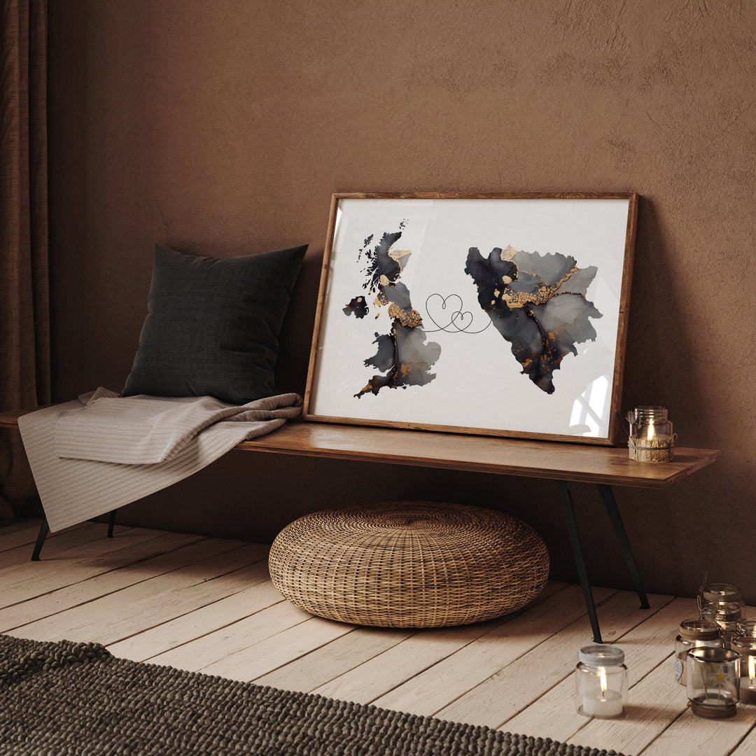 Britain and Bosnia and Herzegovina Map Black & Gold Travel Wall Art Print | United Kingdom | UK