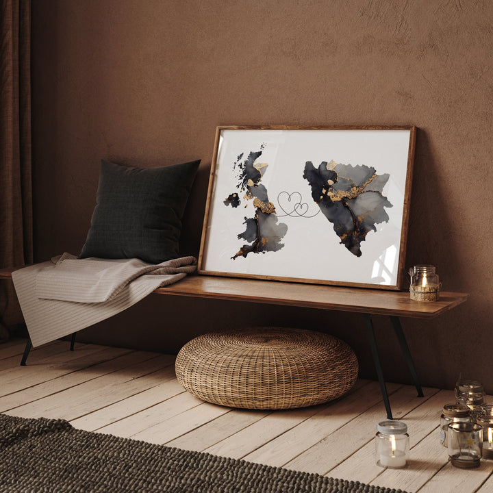 Britain and Bosnia and Herzegovina Map Black & Gold Travel Wall Art Print | United Kingdom | UK