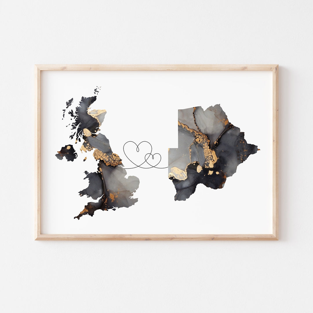 Britain and Botswana Map Black & Gold Travel Wall Art Print | United Kingdom | UK