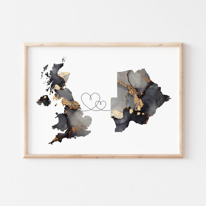 Britain and Botswana Map Black & Gold Travel Wall Art Print | United Kingdom | UK