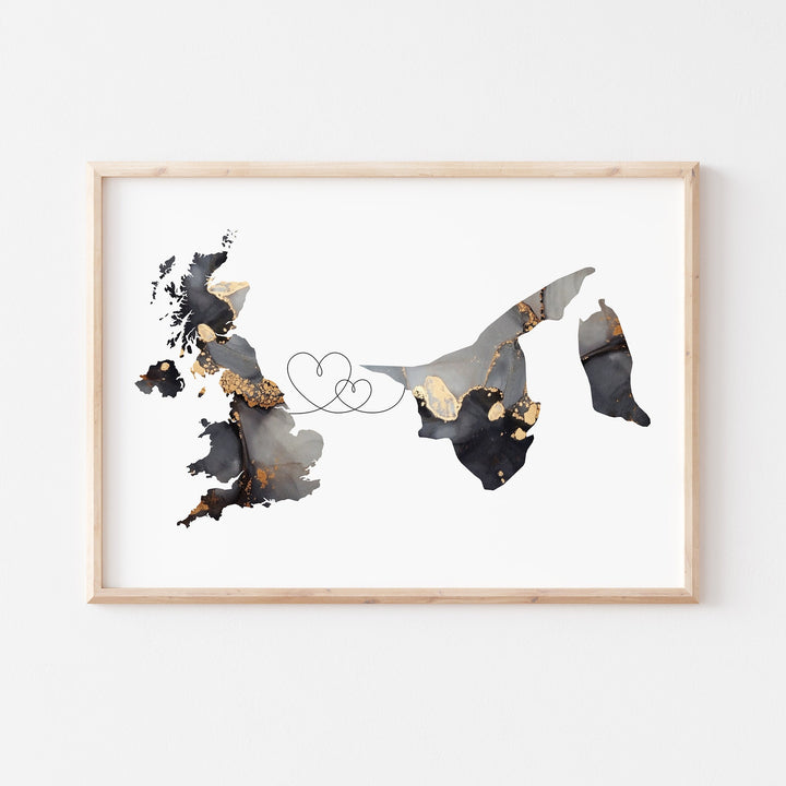 Britain and Brunei Map Black & Gold Travel Wall Art Print | United Kingdom | UK