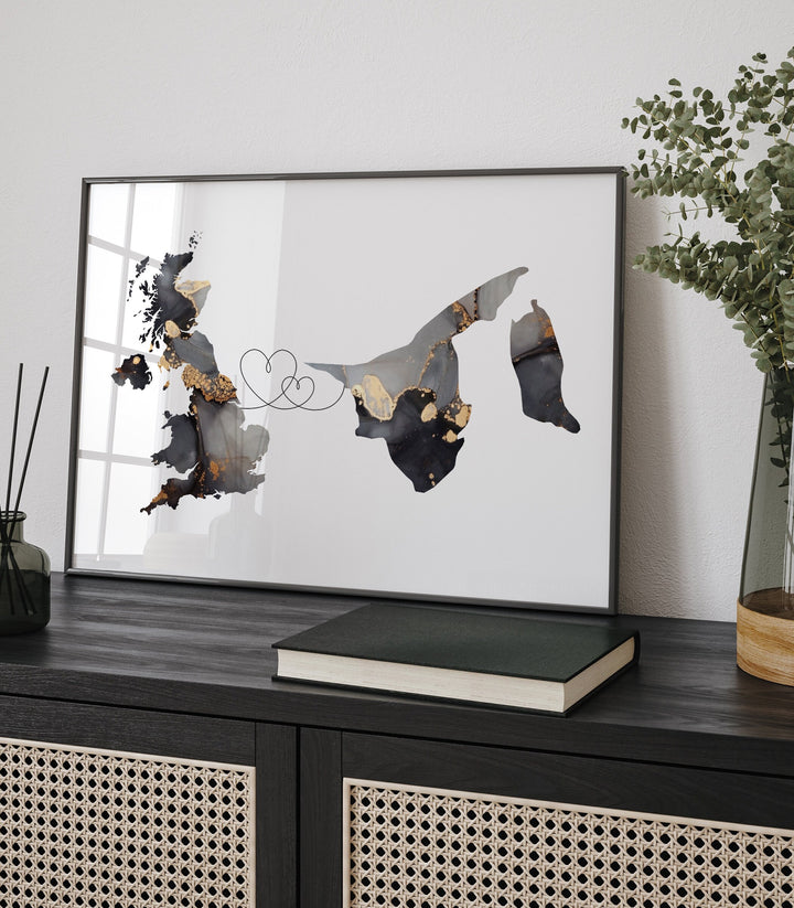 Britain and Brunei Map Black & Gold Travel Wall Art Print | United Kingdom | UK