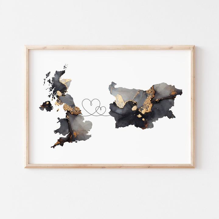 Britain and Bulgaria Map Black & Gold Travel Wall Art Print | United Kingdom | UK