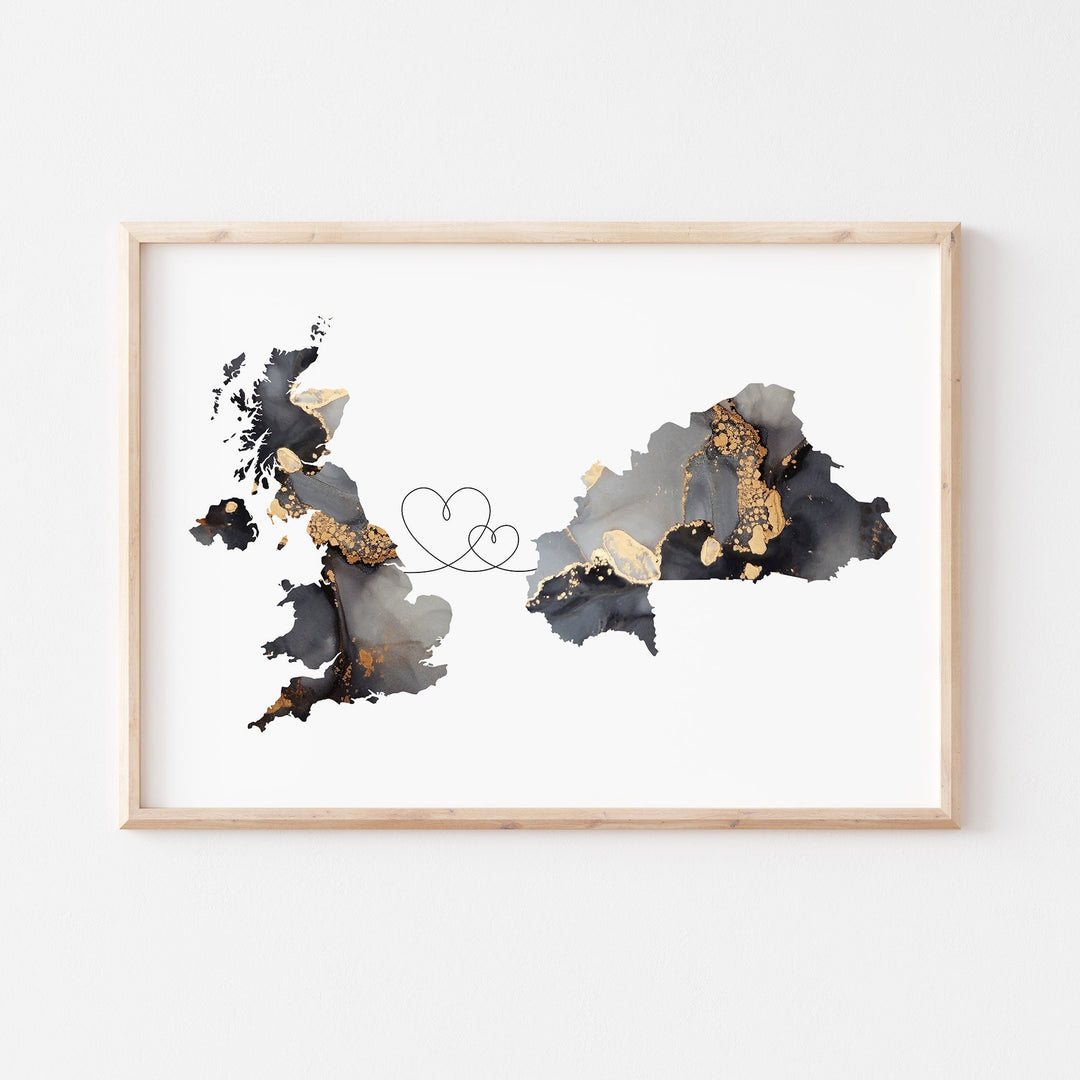 Britain and Burkina Faso Map Black & Gold Travel Wall Art Print | United Kingdom | UK