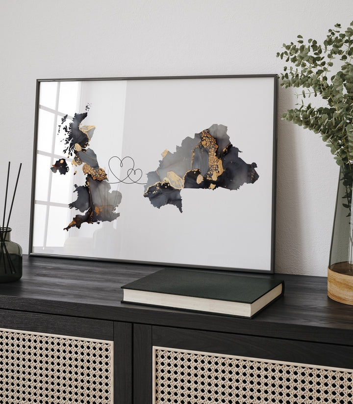 Britain and Burkina Faso Map Black & Gold Travel Wall Art Print | United Kingdom | UK