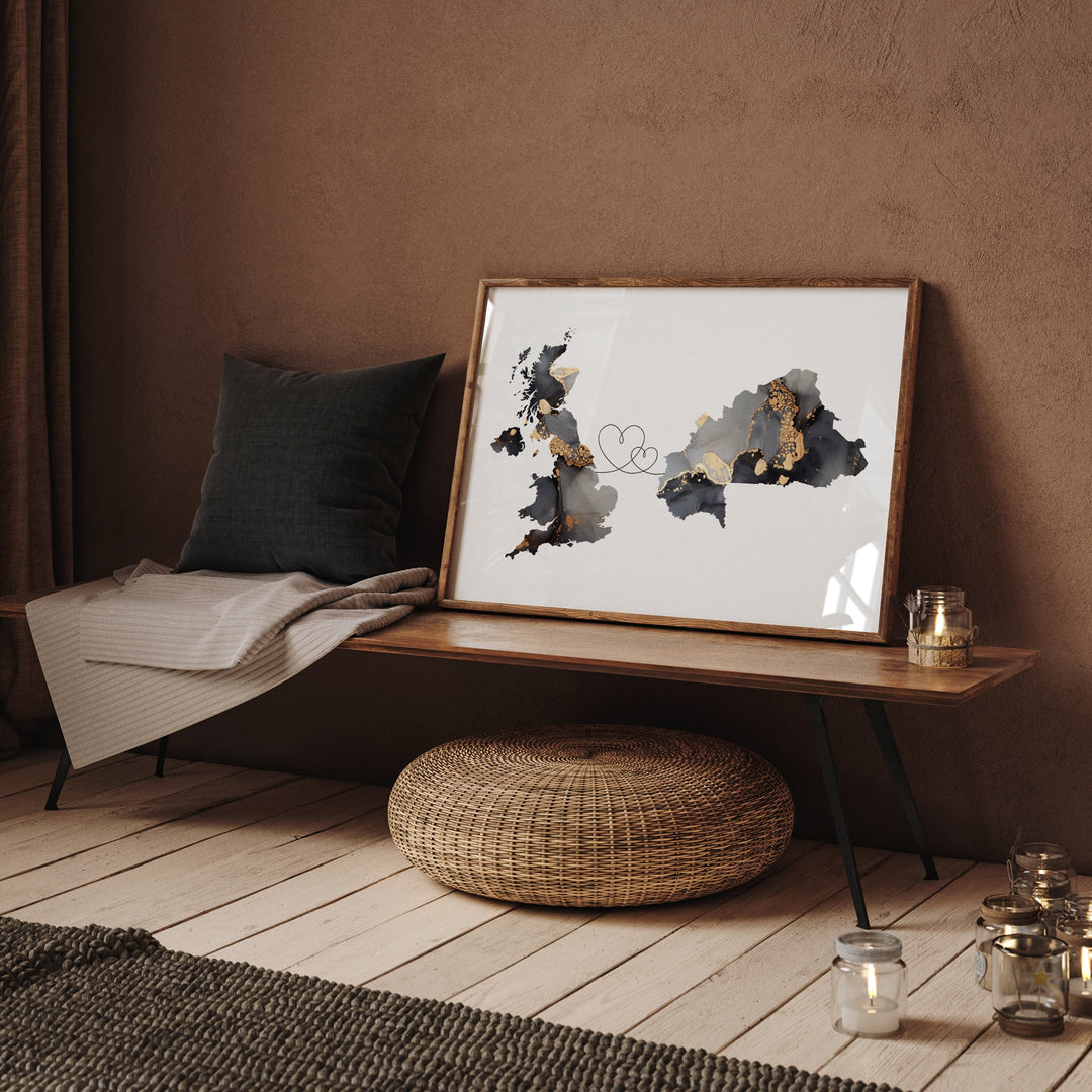 Britain and Burkina Faso Map Black & Gold Travel Wall Art Print | United Kingdom | UK