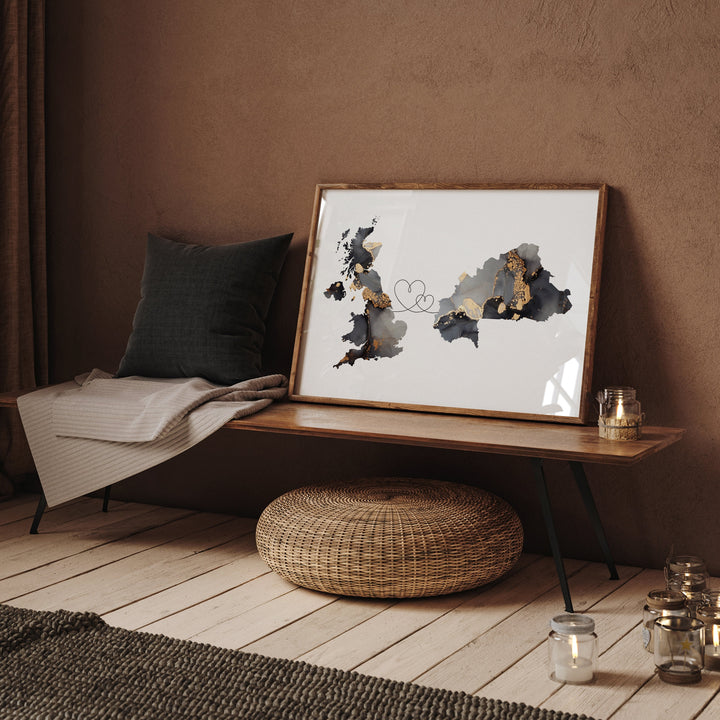 Britain and Burkina Faso Map Black & Gold Travel Wall Art Print | United Kingdom | UK