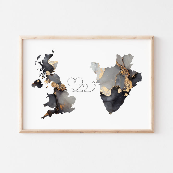 Britain and Burundi Map Black & Gold Travel Wall Art Print | United Kingdom | UK