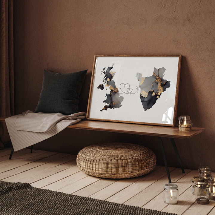 Britain and Burundi Map Black & Gold Travel Wall Art Print | United Kingdom | UK