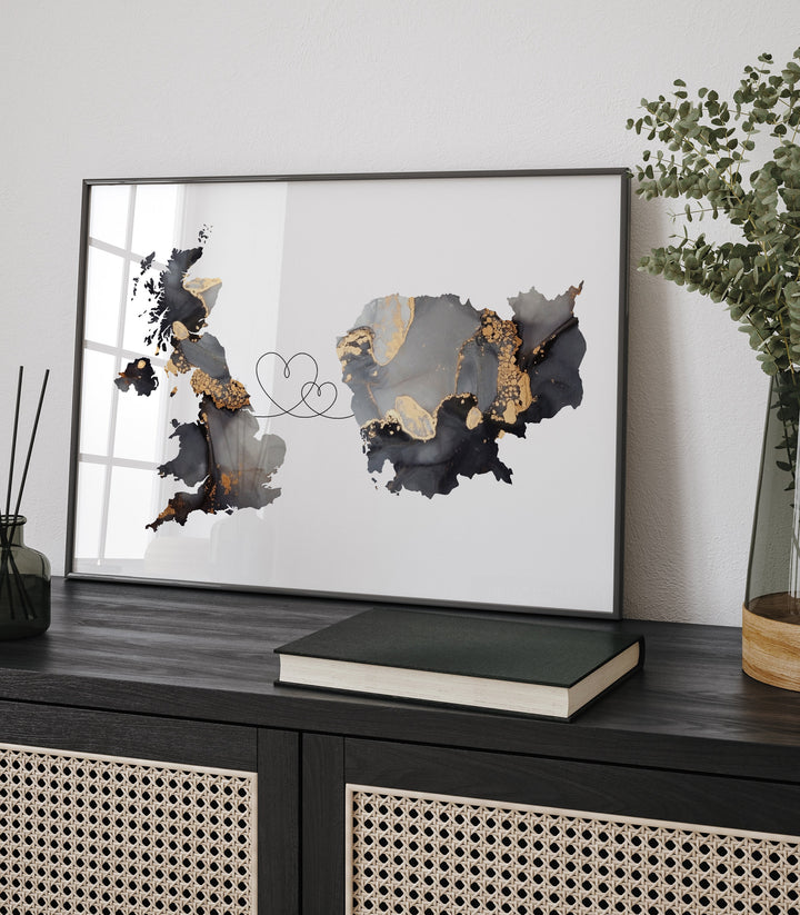 Britain and Cambodia Map Black & Gold Travel Wall Art Print | United Kingdom | UK