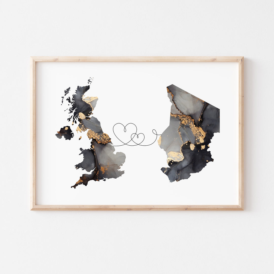 Britain and Chad Map Black & Gold Travel Wall Art Print | United Kingdom | UK