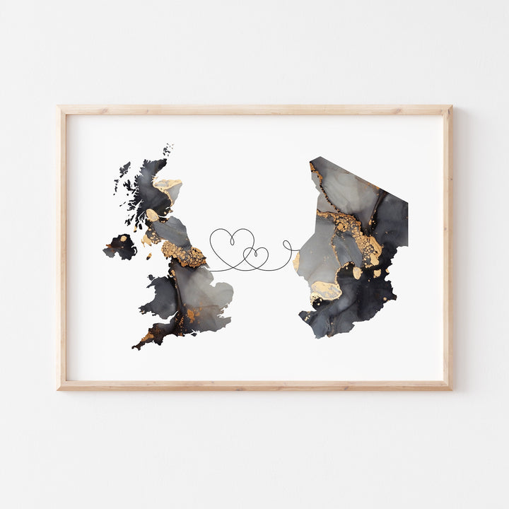 Britain and Chad Map Black & Gold Travel Wall Art Print | United Kingdom | UK