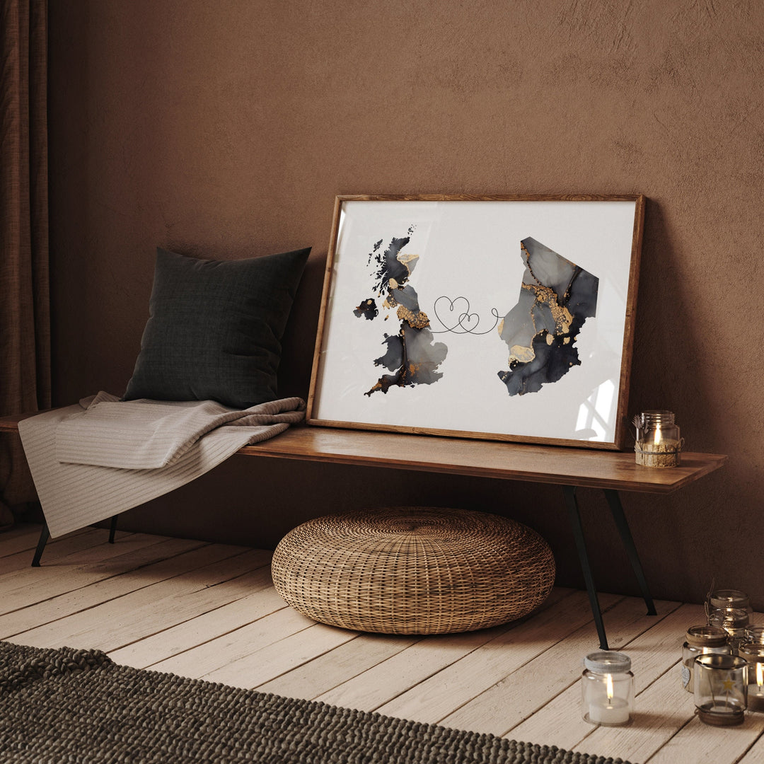 Britain and Chad Map Black & Gold Travel Wall Art Print | United Kingdom | UK