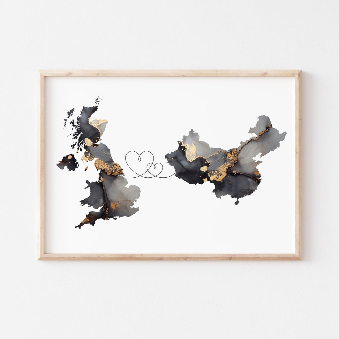 Britain and China Map Black & Gold Travel Wall Art Print | United Kingdom | UK