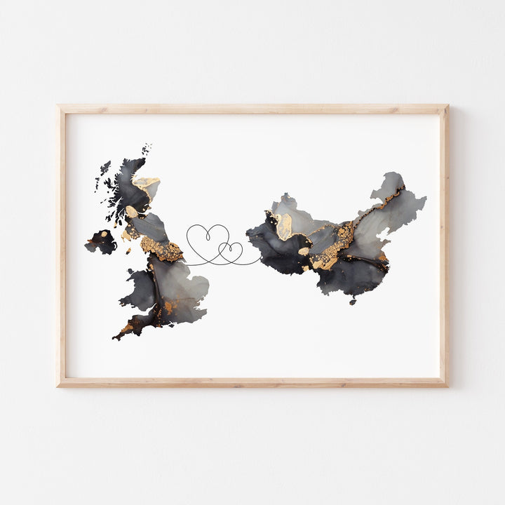 Britain and China Map Black & Gold Travel Wall Art Print | United Kingdom | UK