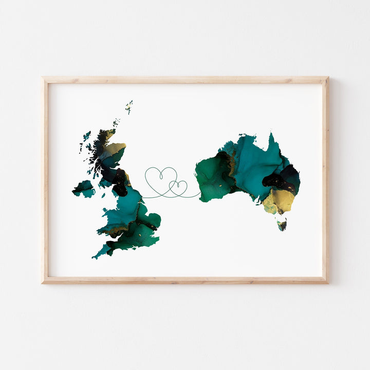 Custom Any Two Countries Map Pink & Gold Travel Wall Art Print