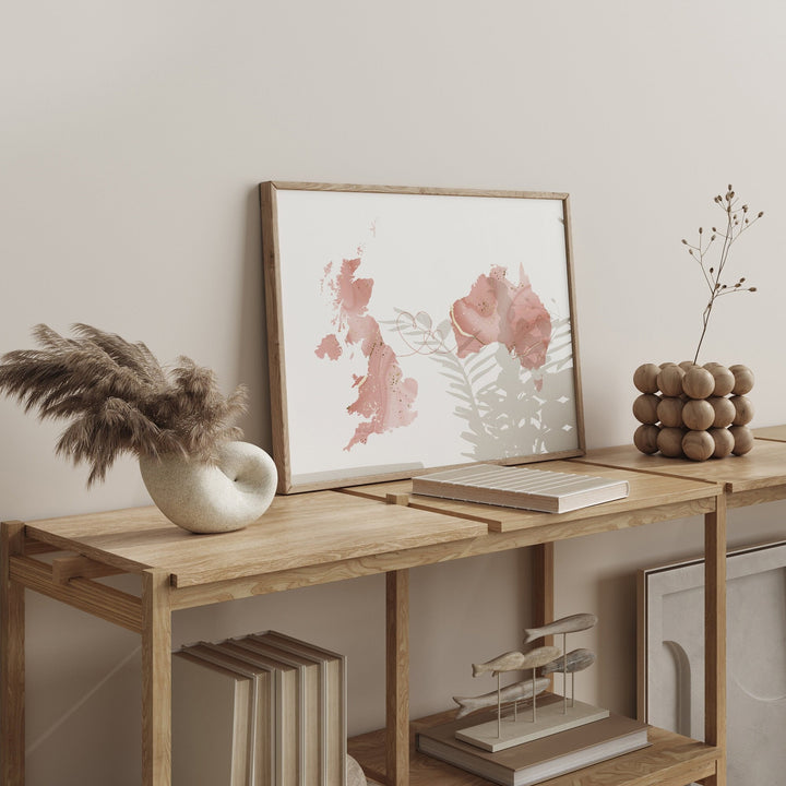 Custom Any Two Countries Map Pink & Gold Travel Wall Art Print