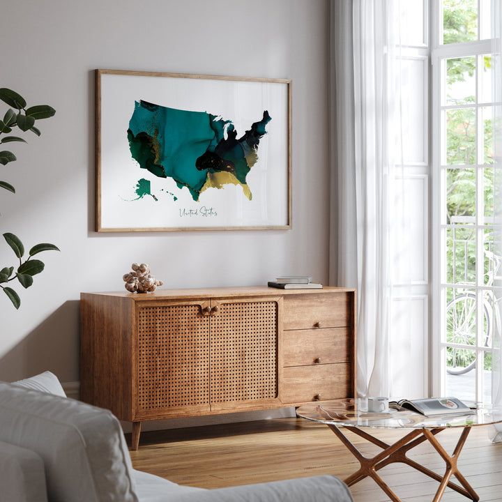 United States Map Green & Gold Wall Art Print | USA | America