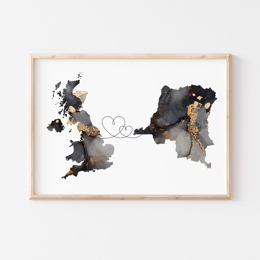Britain and Democratic Republic of the Congo Map Black & Gold Travel Wall Art Print | United Kingdom | UK