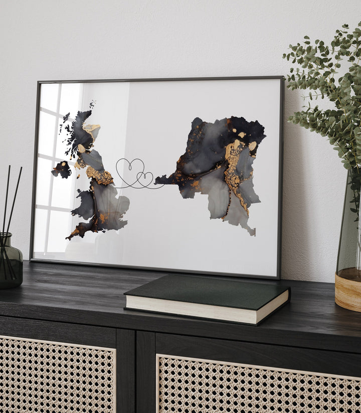 Britain and Democratic Republic of the Congo Map Black & Gold Travel Wall Art Print | United Kingdom | UK