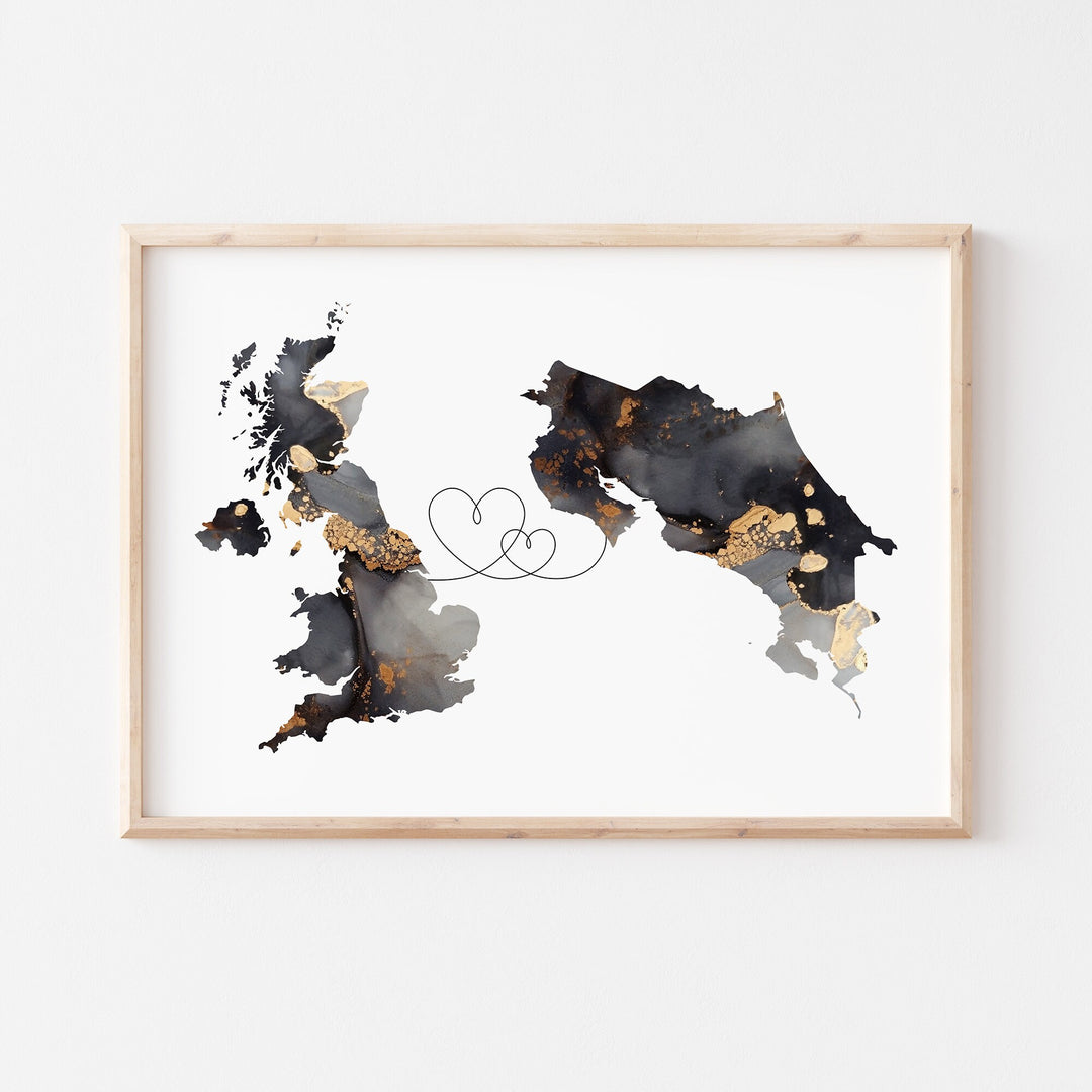 Britain and Costa Rica Map Black & Gold Travel Wall Art Print | United Kingdom | UK