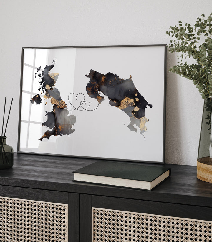 Britain and Costa Rica Map Black & Gold Travel Wall Art Print | United Kingdom | UK