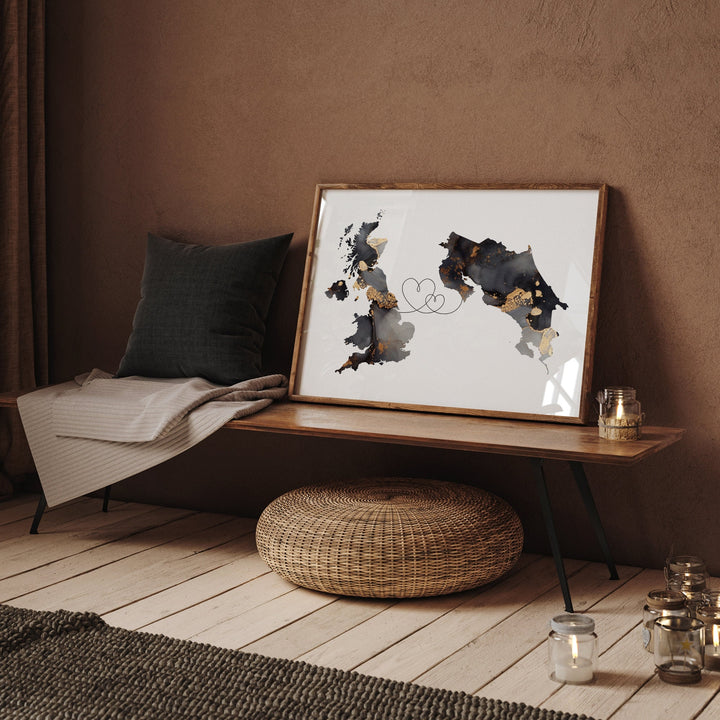 Britain and Costa Rica Map Black & Gold Travel Wall Art Print | United Kingdom | UK