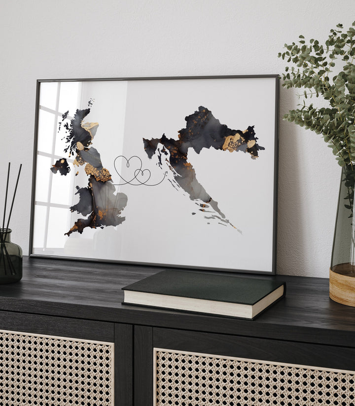 Britain and Croatia Map Black & Gold Travel Wall Art Print | United Kingdom | UK