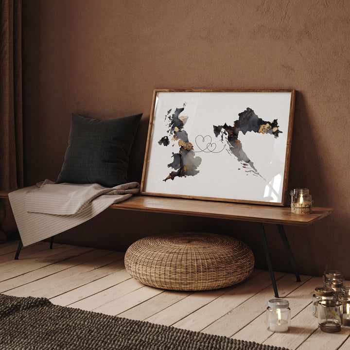 Britain and Croatia Map Black & Gold Travel Wall Art Print | United Kingdom | UK