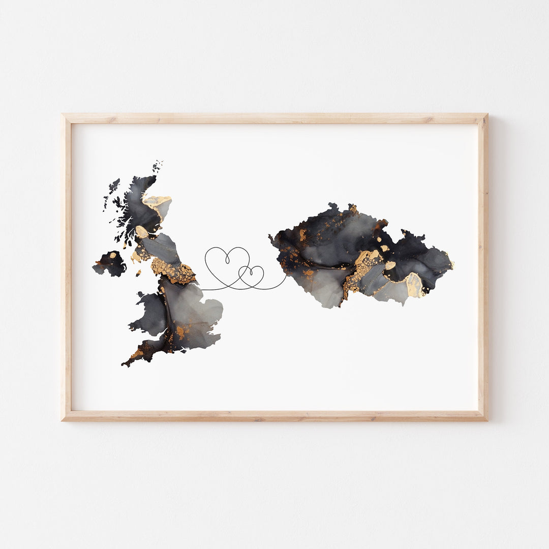 Britain and Czech Republic Map Black & Gold Travel Wall Art Print | United Kingdom | UK