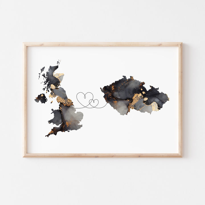 Britain and Czech Republic Map Black & Gold Travel Wall Art Print | United Kingdom | UK