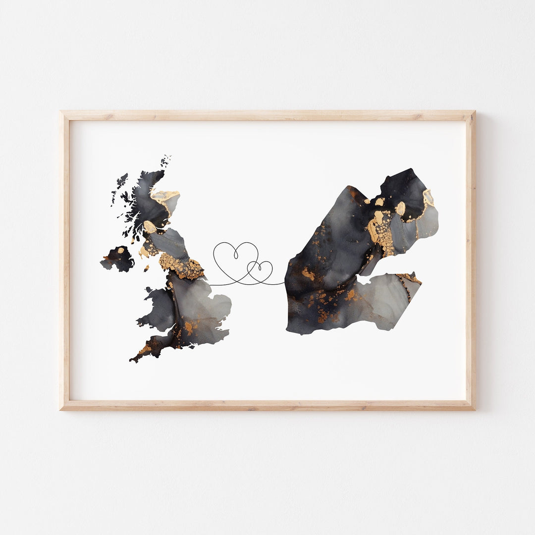Britain and Djibouti Map Black & Gold Travel Wall Art Print | United Kingdom | UK