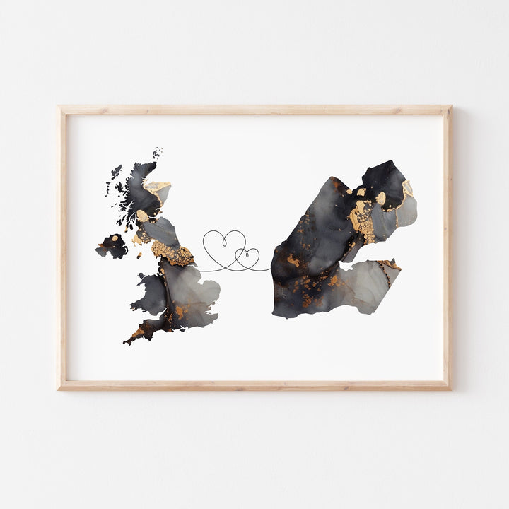 Britain and Djibouti Map Black & Gold Travel Wall Art Print | United Kingdom | UK