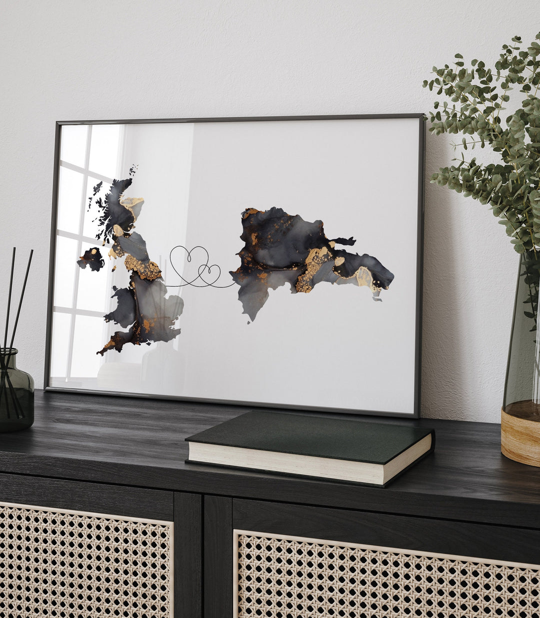 Britain and Dominican Republic Map Black & Gold Travel Wall Art Print | United Kingdom | UK