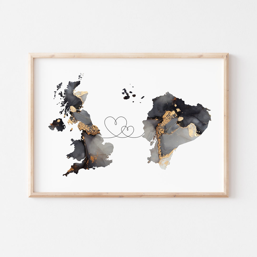 Britain and Ecuador Map Black & Gold Travel Wall Art Print | United Kingdom | UK