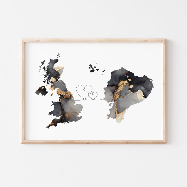 Britain and Ecuador Map Black & Gold Travel Wall Art Print | United Kingdom | UK