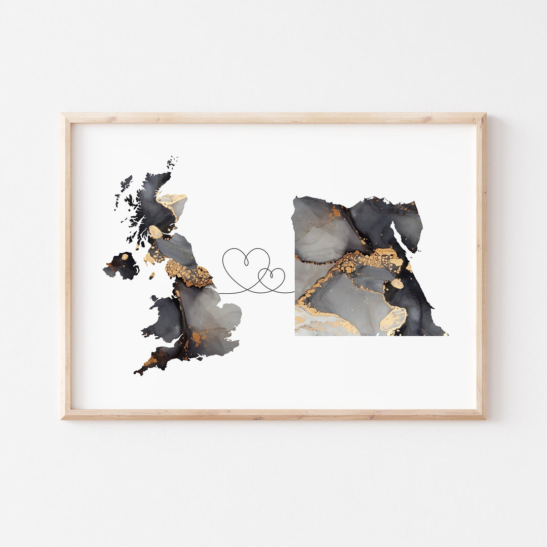 Britain and Egypt Map Black & Gold Travel Wall Art Print | United Kingdom | UK