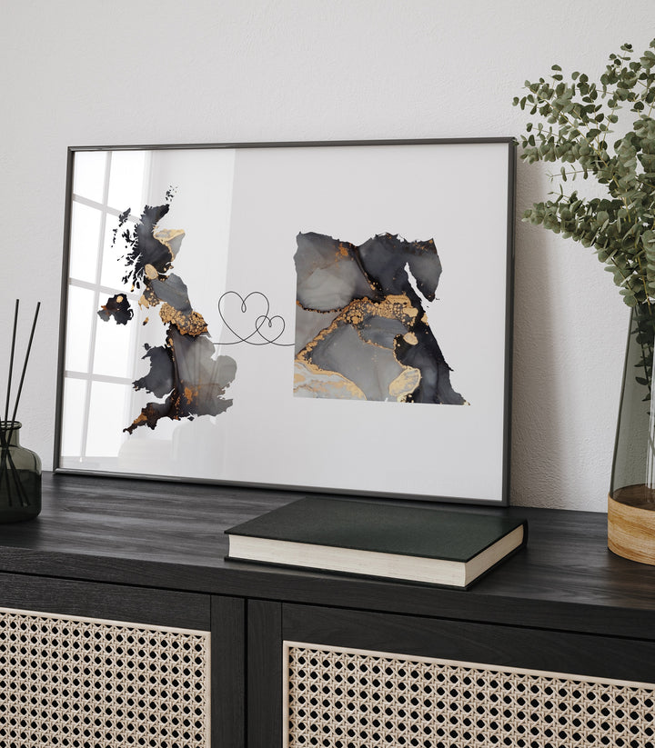 Britain and Egypt Map Black & Gold Travel Wall Art Print | United Kingdom | UK