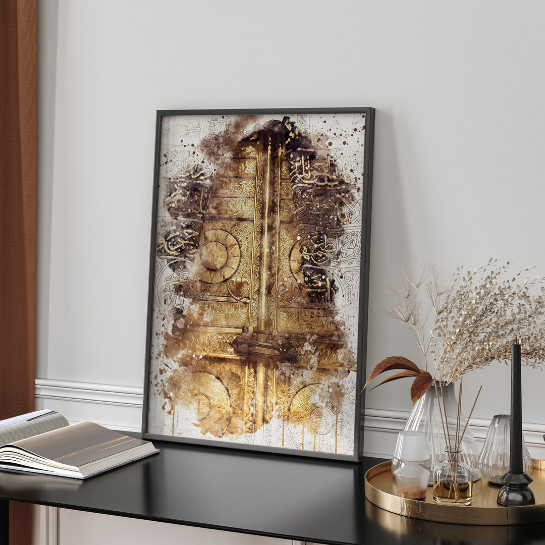 Kaabah Door Watercolour Islamic Wallart Print Makkah Masjid Al Haram Gold