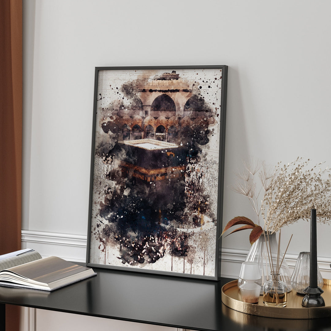 Kaabah Watercolour Islamic Wall Art Print Makkah Masjid Al Haram Black & Gold