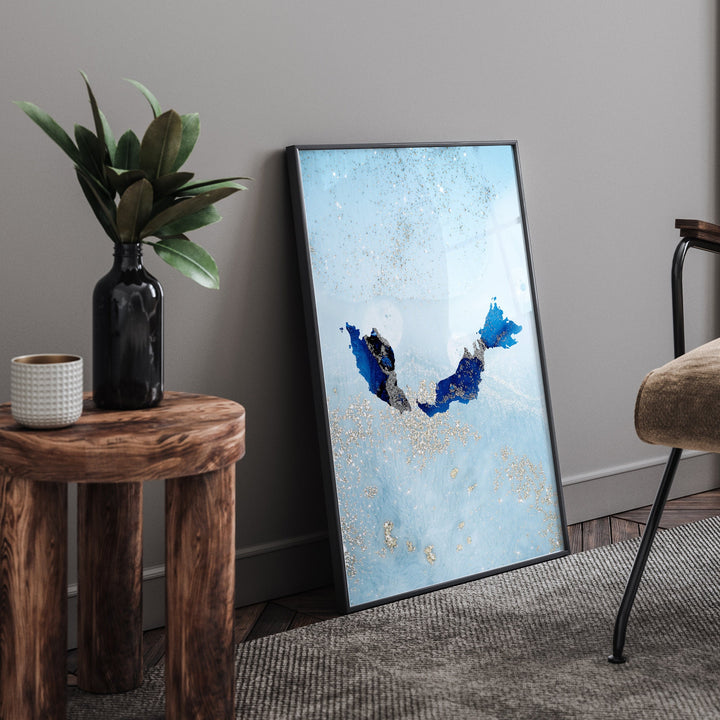 Malaysia Map Shades of Blue & Silver Wall Art Print