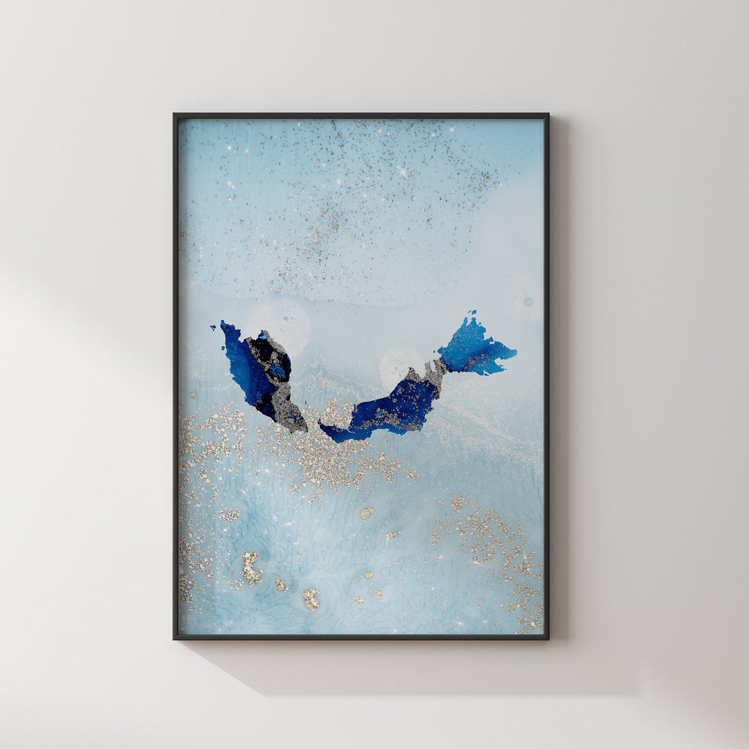 Malaysia Map Shades of Blue & Silver Wall Art Print