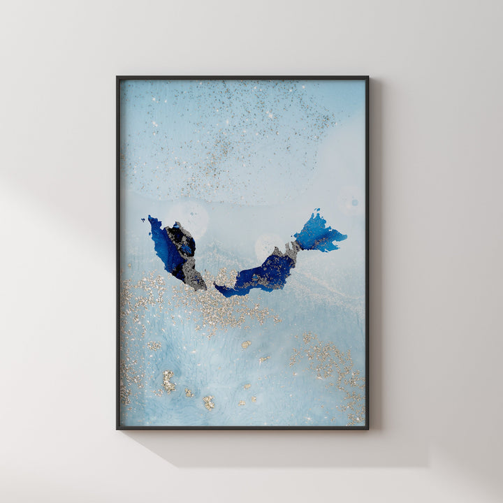 Malaysia Map Shades of Blue & Silver Wall Art Print