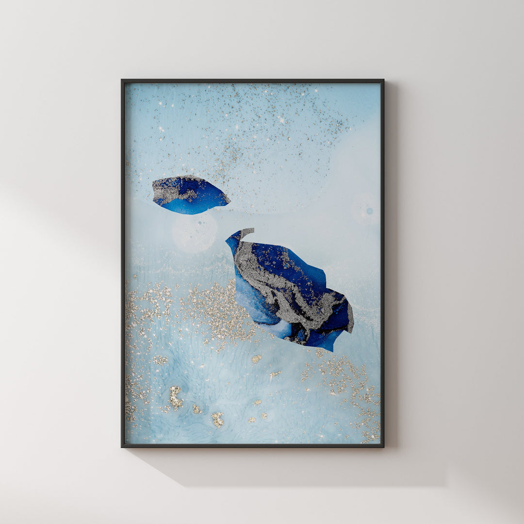 Malta Map Shades of Blue & Silver Wall Art Print