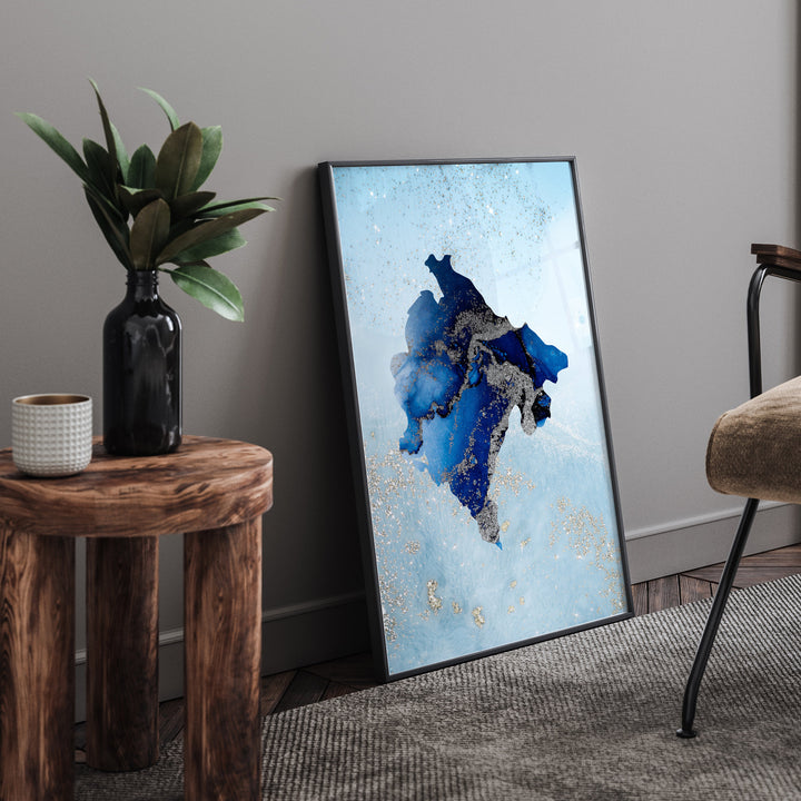 Montenegro Map Shades of Blue & Silver Wall Art Print