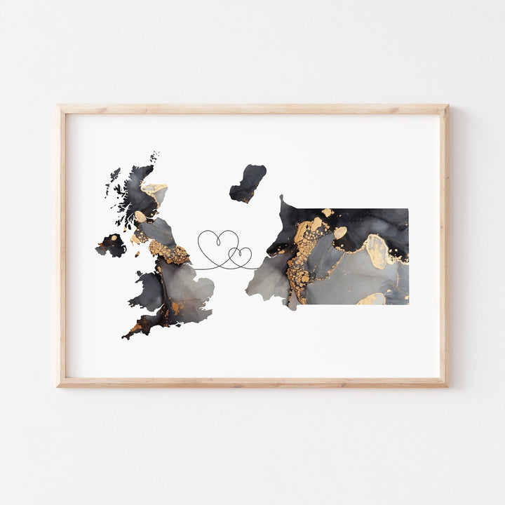Britain and Equatorial Guinea Map Black & Gold Travel Wall Art Print | United Kingdom | UK