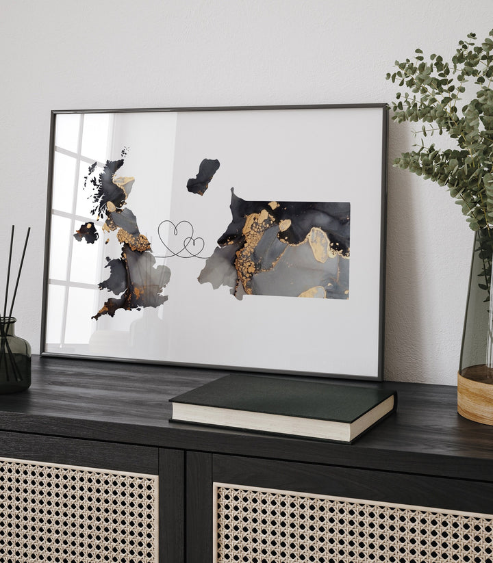 Britain and Equatorial Guinea Map Black & Gold Travel Wall Art Print | United Kingdom | UK